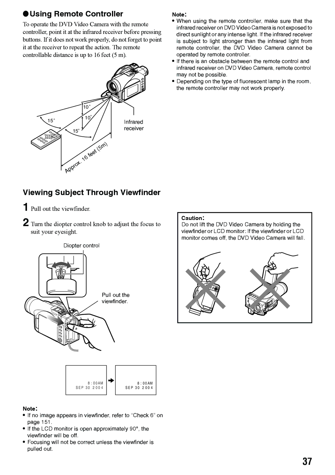 Panasonic VDR-M70PP, VDR-M50PP operating instructions Using Remote Controller, Viewing Subject Through Viewfinder 