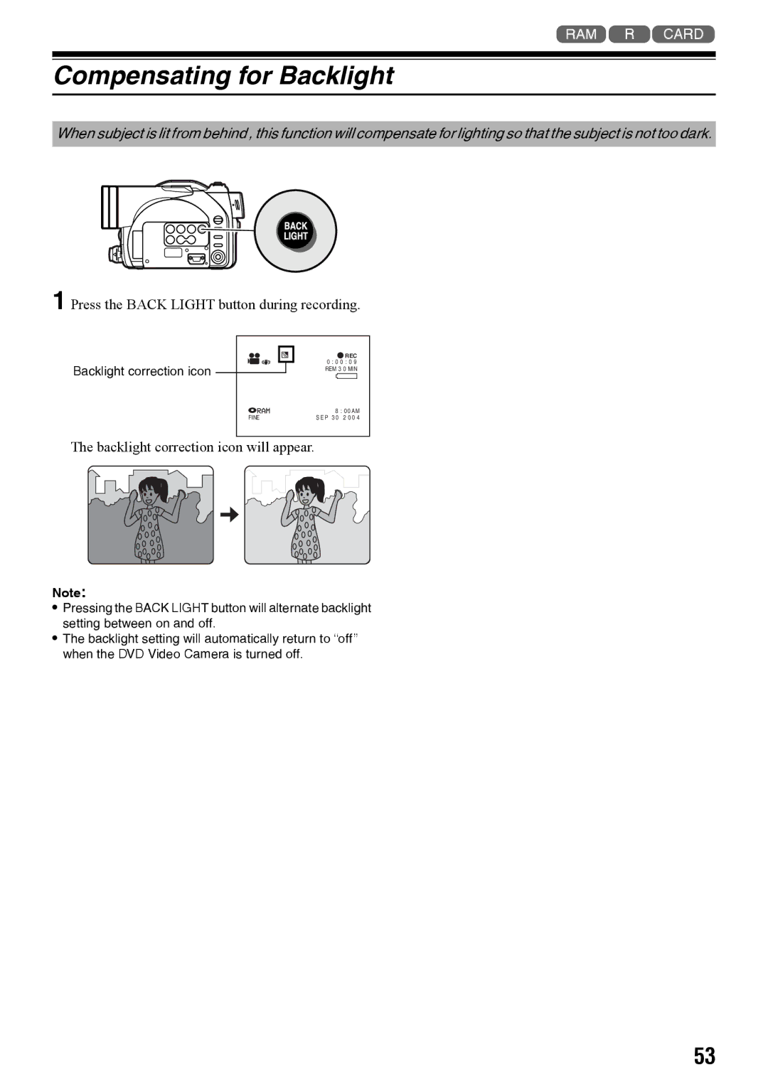 Panasonic VDR-M70PP Compensating for Backlight, Press the Back Light button during recording, Backlight correction icon 