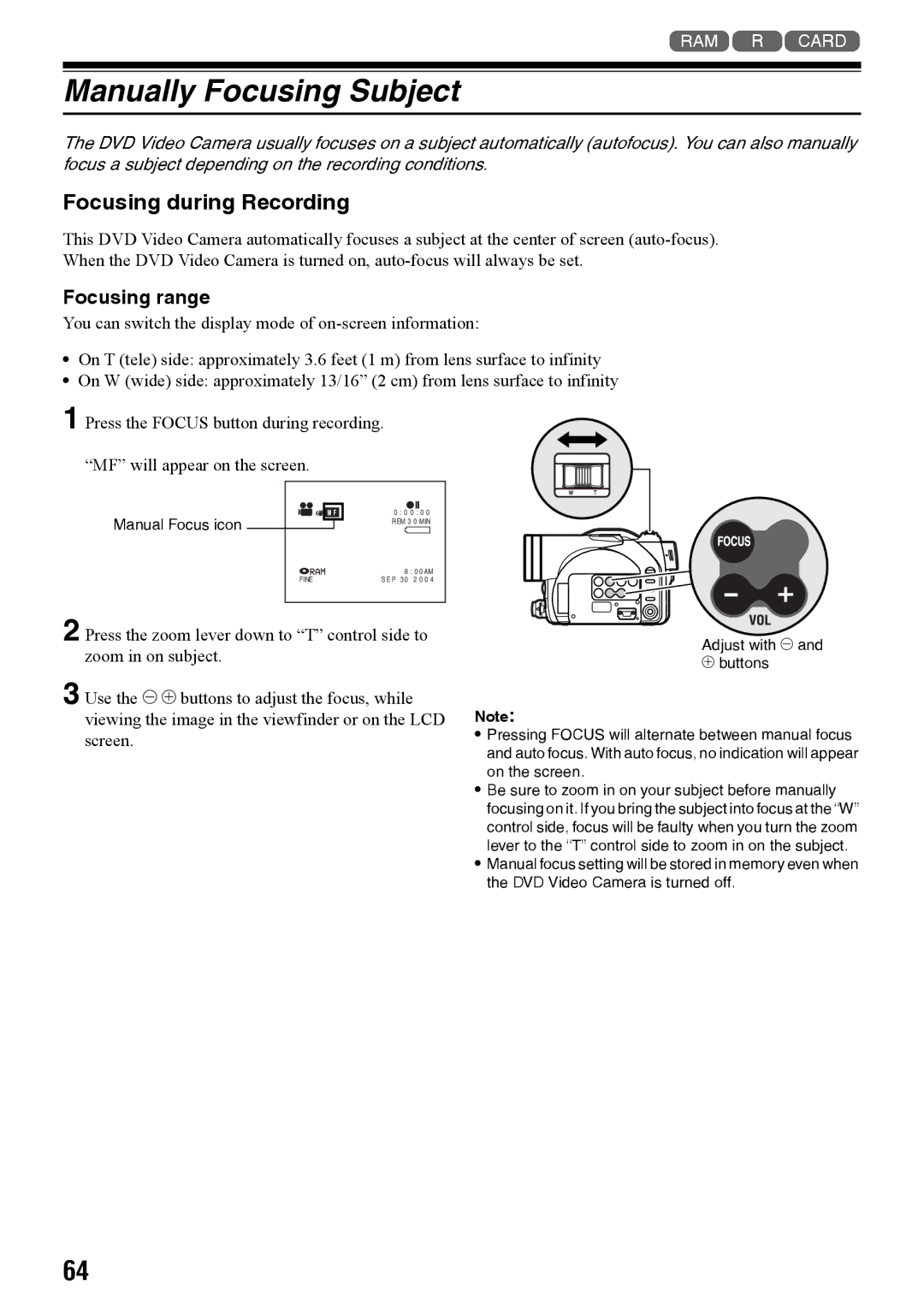 Panasonic VDR-M50PP, VDR-M70PP Manually Focusing Subject, Focusing during Recording, Focusing range, Manual Focus icon 