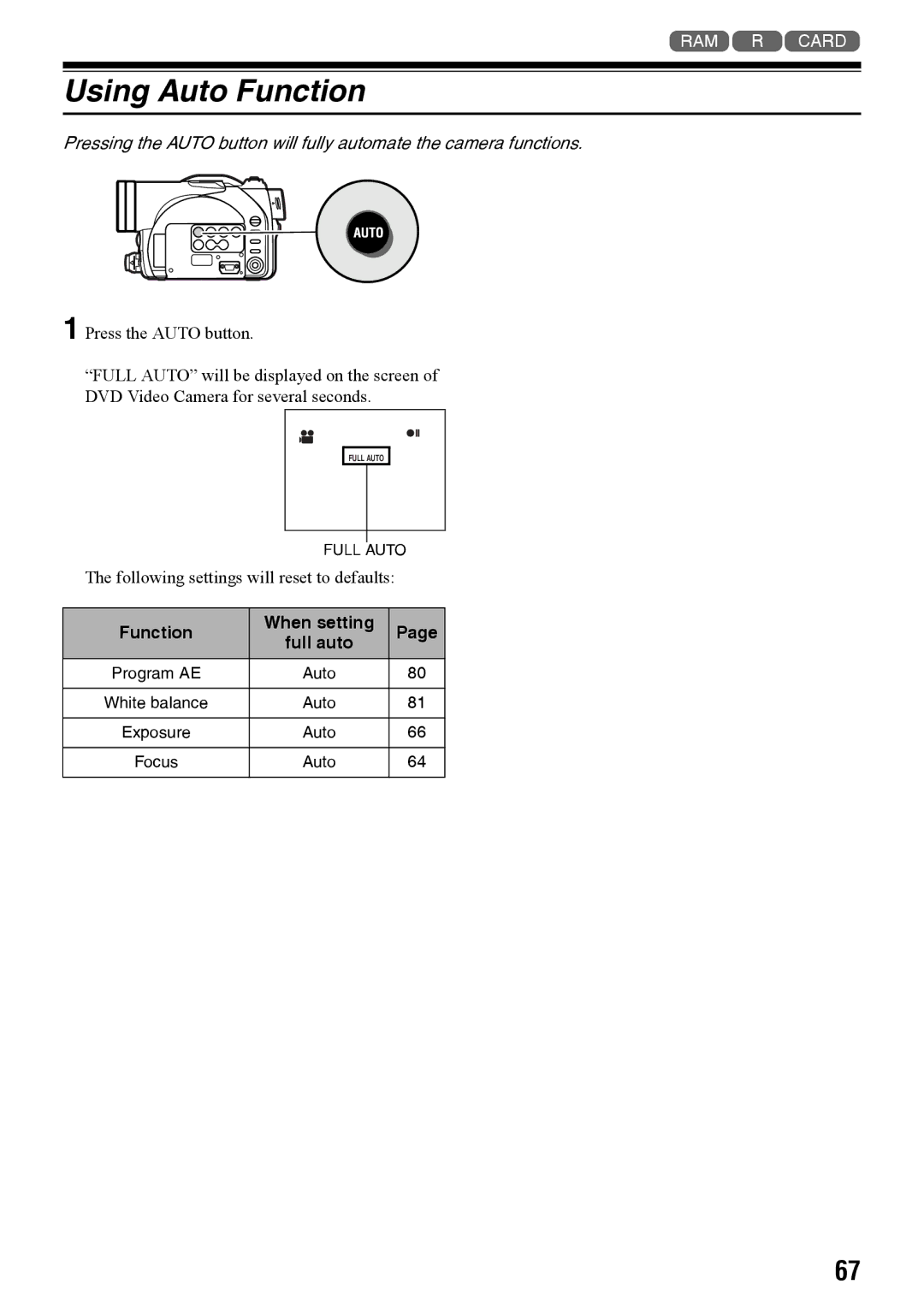 Panasonic VDR-M70PP, VDR-M50PP Using Auto Function, Full auto, Program AE Auto White balance Exposure Focus 