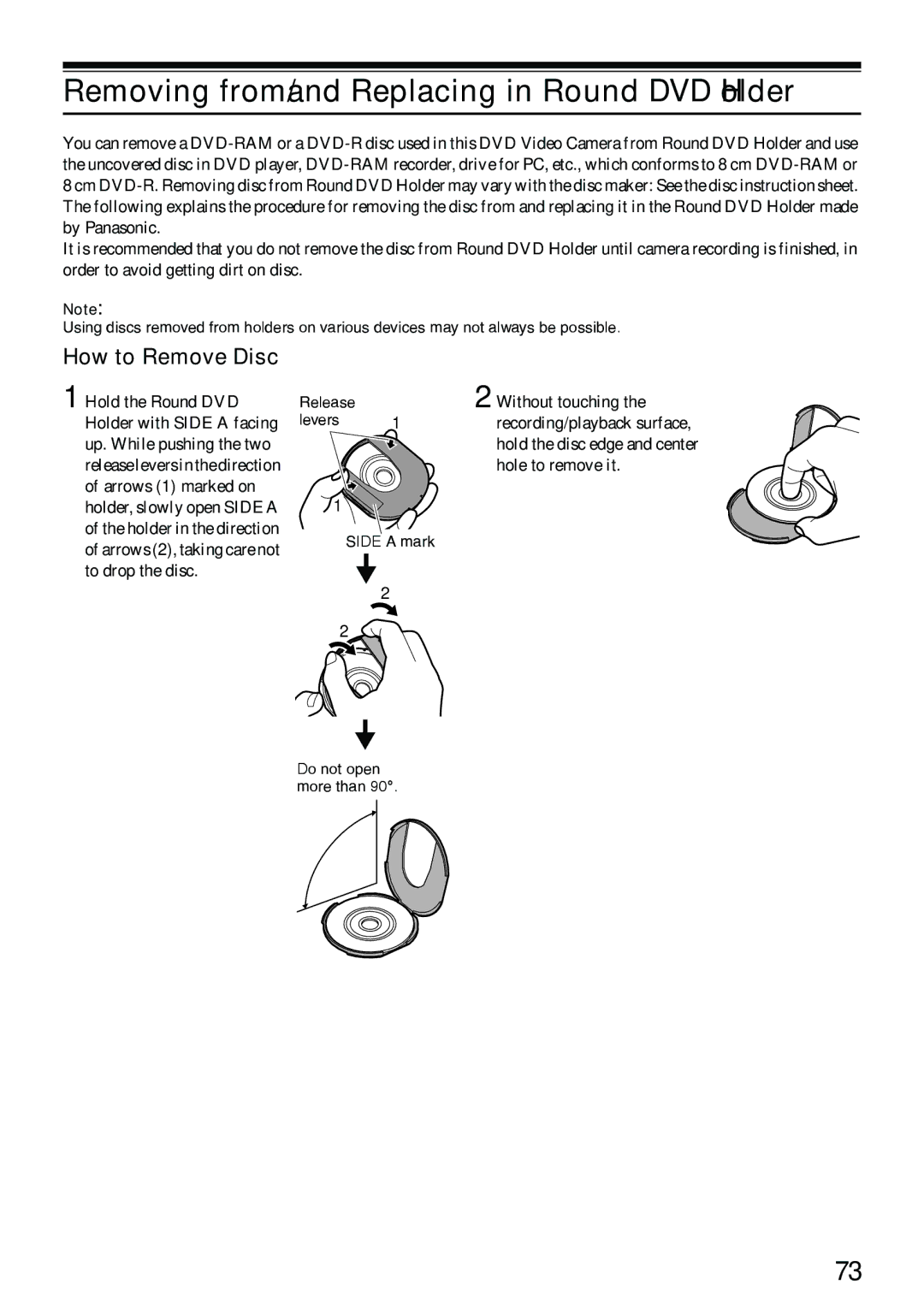 Panasonic VDR-M70PP, VDR-M50PP Removing from/and Replacing in Round DVD Holder, How to Remove Disc, Without touching 