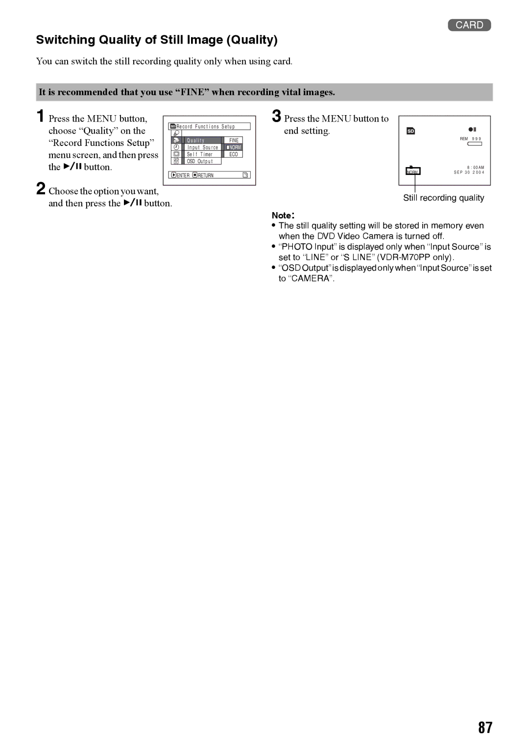 Panasonic VDR-M70PP, VDR-M50PP Switching Quality of Still Image Quality, Choose Quality on, Record Functions Setup 