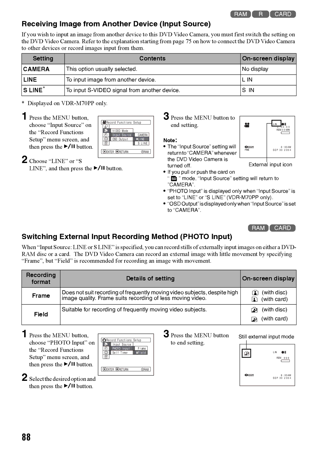 Panasonic VDR-M50PP, VDR-M70PP Receiving Image from Another Device Input Source, Recording Details of setting 