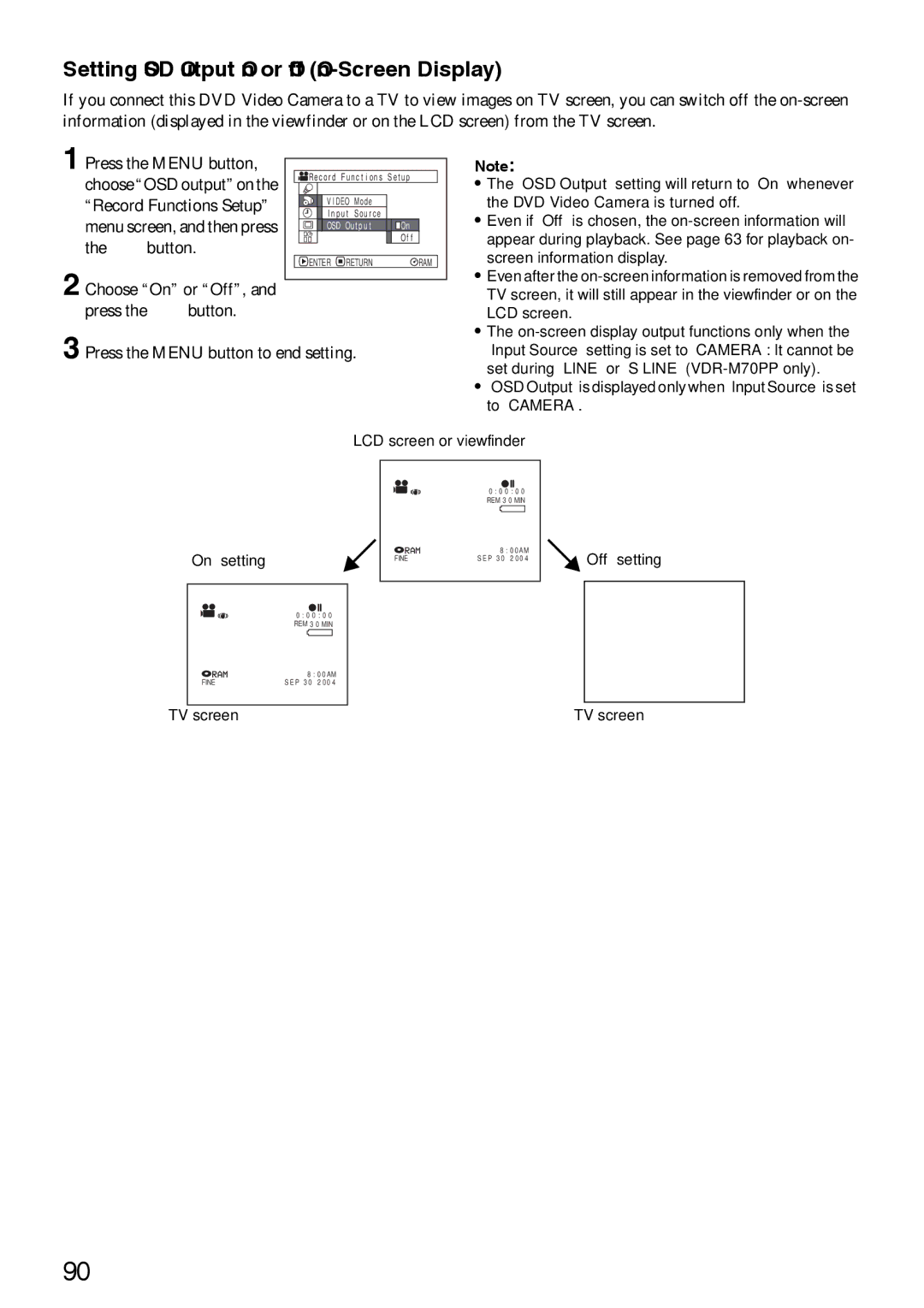 Panasonic VDR-M50PP, VDR-M70PP operating instructions Setting OSD Output On or Off On-Screen Display 