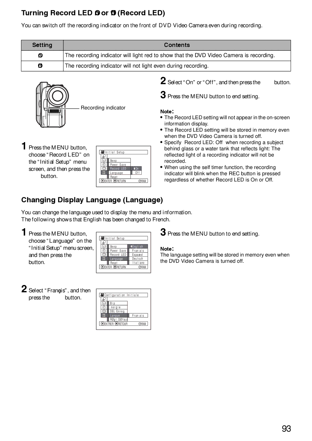 Panasonic VDR-M70PP, VDR-M50PP Turning Record LED On or Off Record LED, Changing Display Language Language 