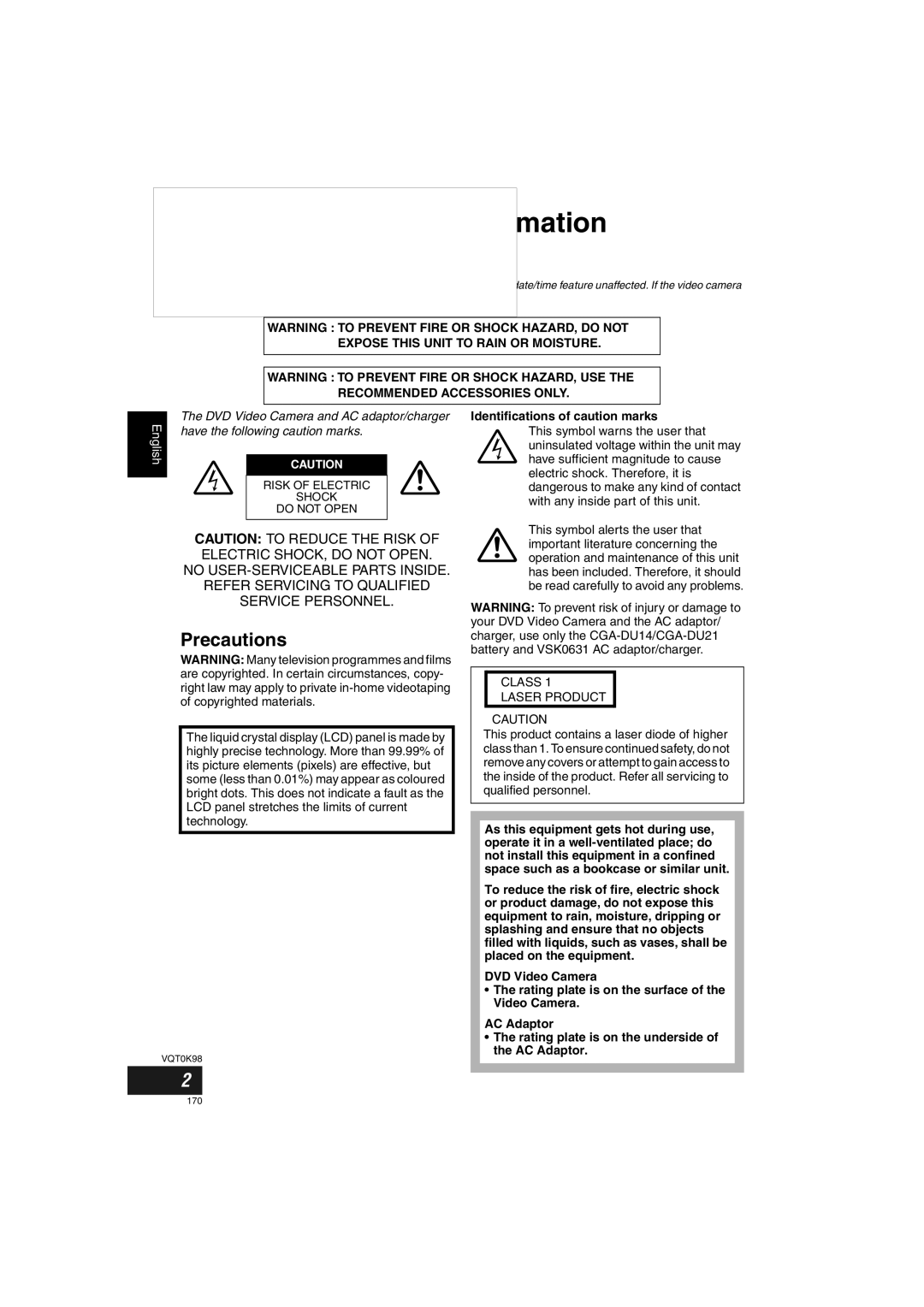 Panasonic VDR-M70GC user service Important Information, Identifications of caution marks 