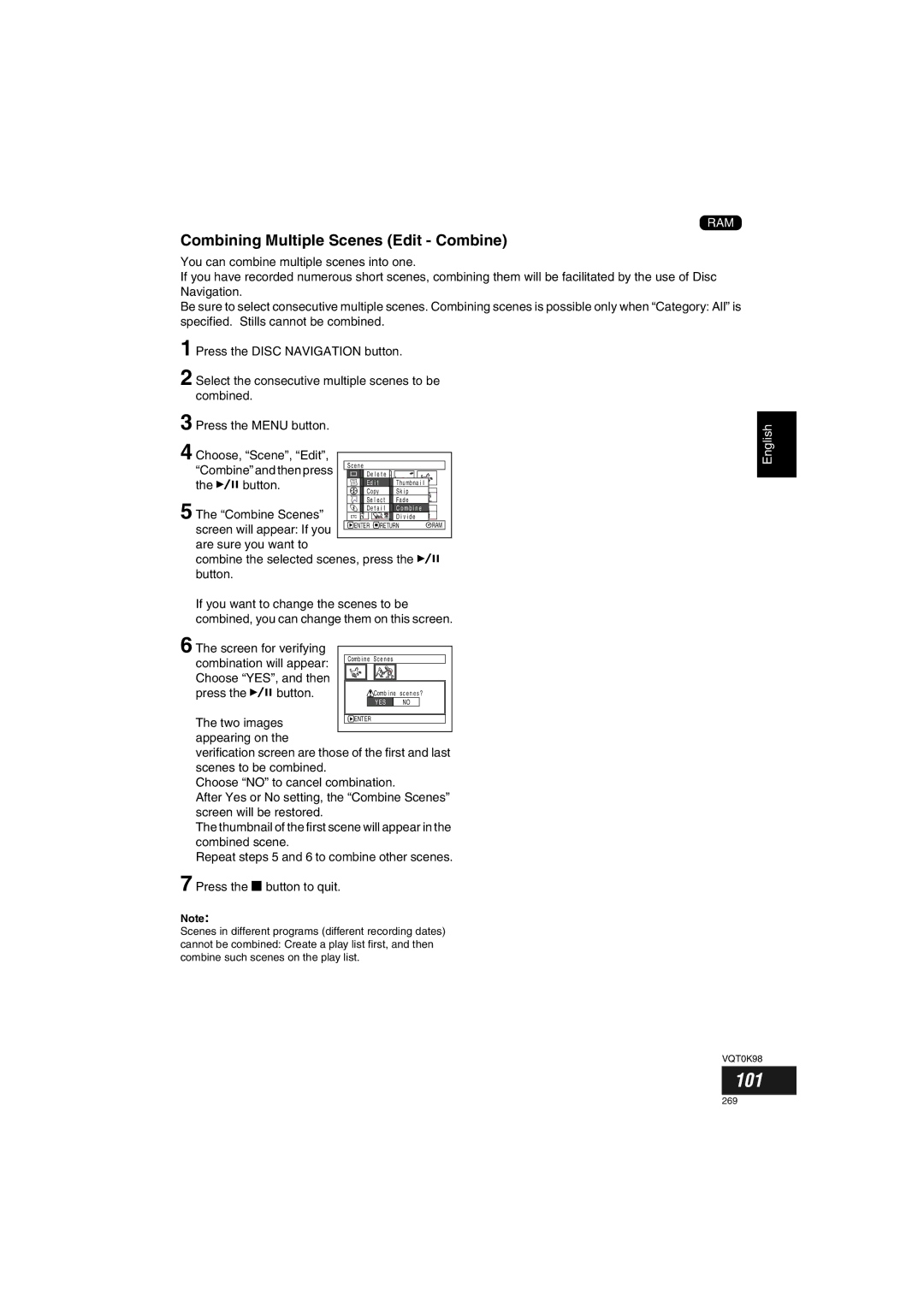 Panasonic VDR-M70GC 101, Combining Multiple Scenes Edit Combine, Combine and then press, Combine Scenes, Two images 