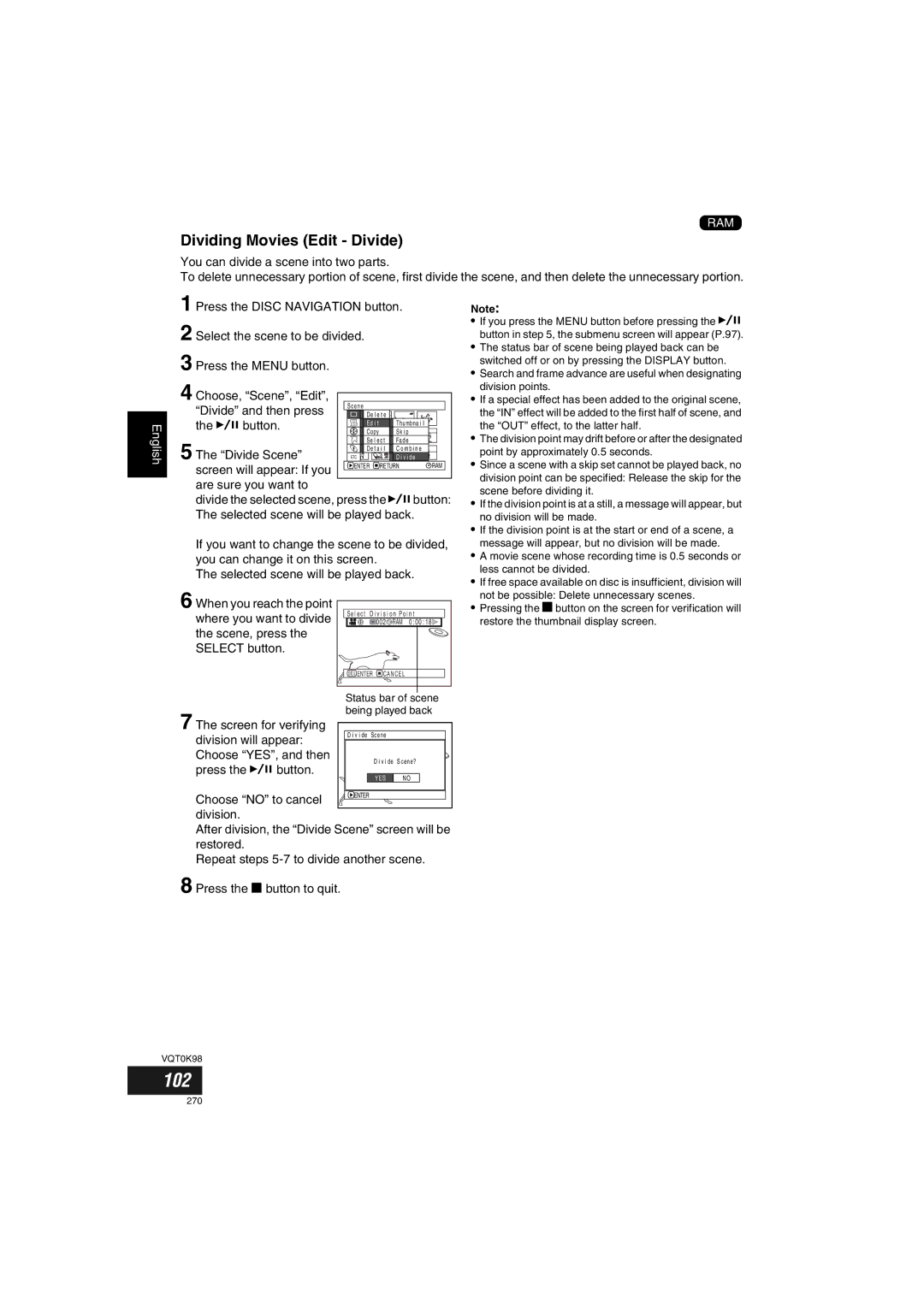 Panasonic VDR-M70GC user service 102, Dividing Movies Edit Divide 