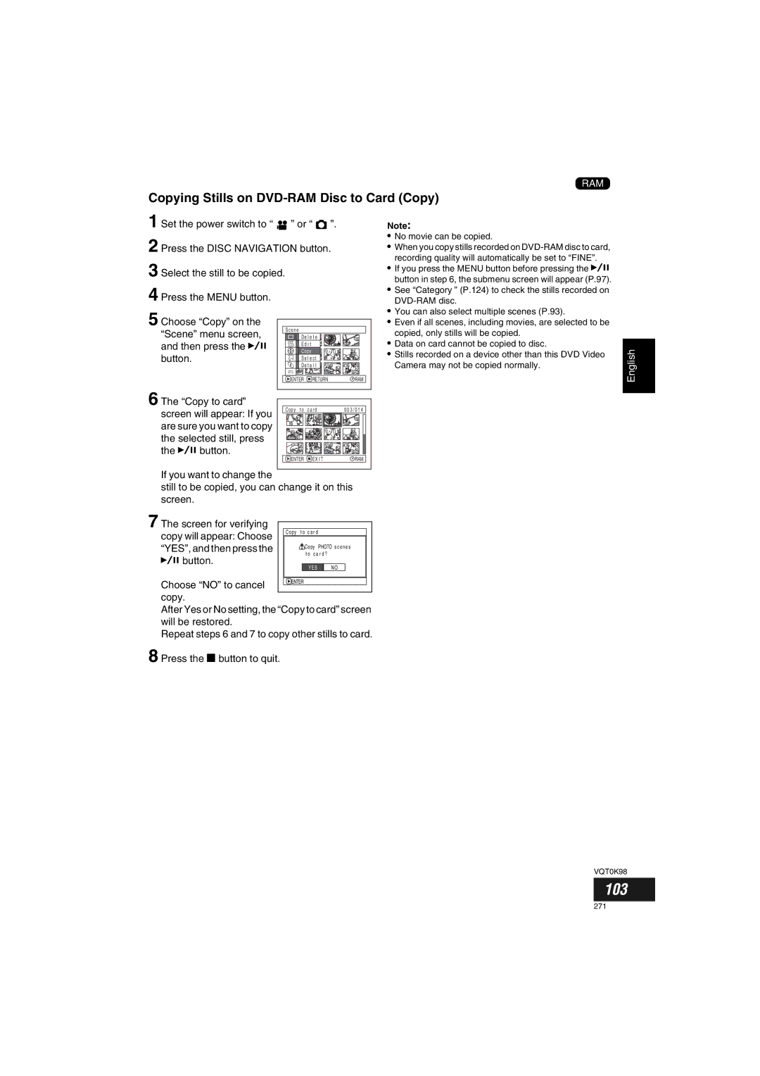 Panasonic VDR-M70GC user service 103, Copying Stills on DVD-RAM Disc to Card Copy, Press the Menu button Choose Copy on 