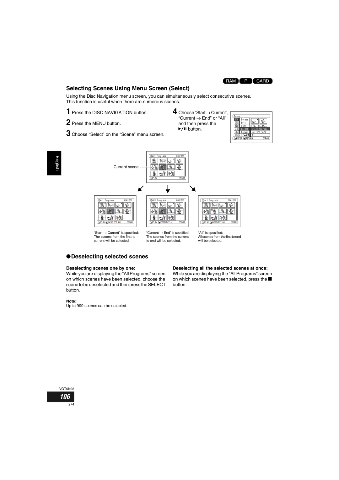 Panasonic VDR-M70GC user service 106, Selecting Scenes Using Menu Screen Select, Deselecting selected scenes 