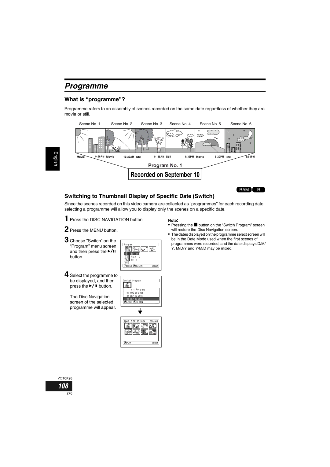 Panasonic VDR-M70GC user service Programme, 108, What is programme?, Switching to Thumbnail Display of Specific Date Switch 