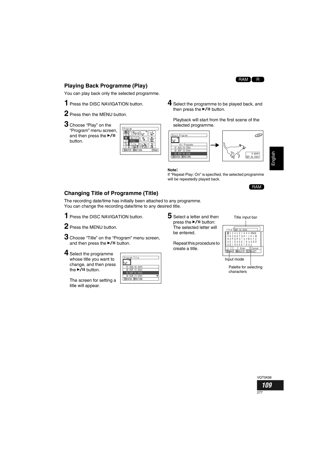 Panasonic VDR-M70GC user service 109, Playing Back Programme Play, Changing Title of Programme Title 