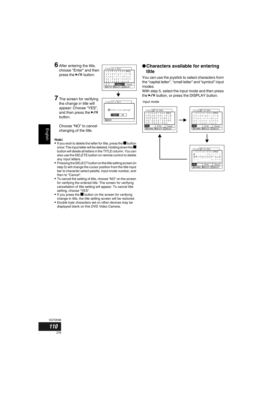 Panasonic VDR-M70GC 110, Characters available for entering title, After entering the title, Choose Enter and then 