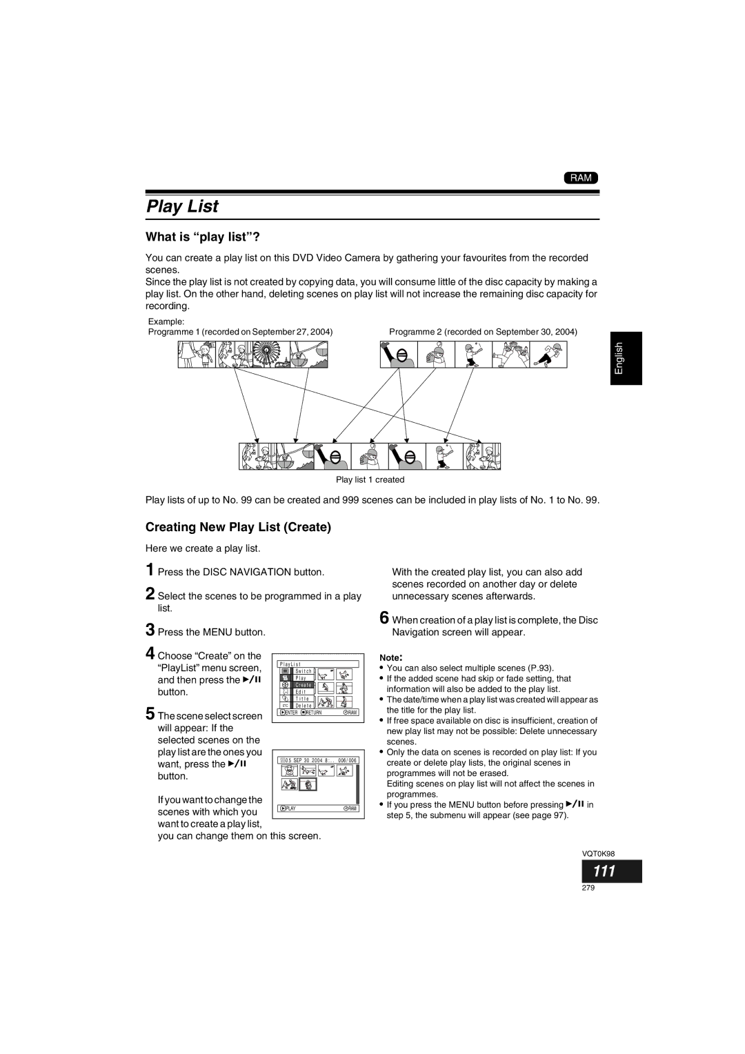 Panasonic VDR-M70GC user service 111, What is play list?, Creating New Play List Create 