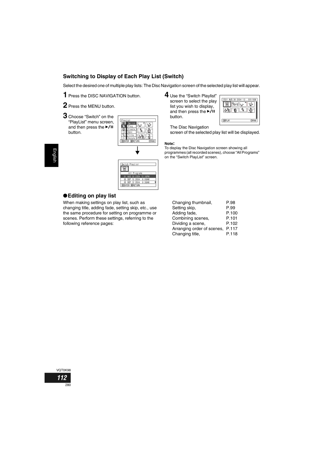 Panasonic VDR-M70GC user service 112, Switching to Display of Each Play List Switch, Editing on play list 