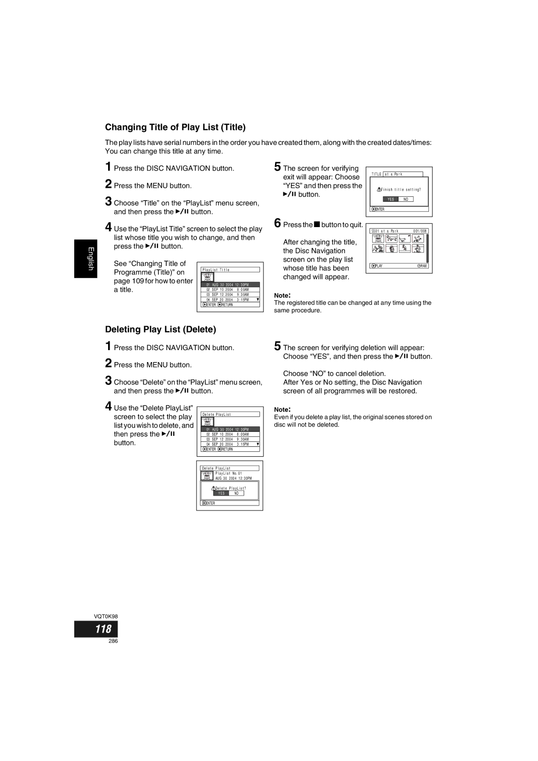 Panasonic VDR-M70GC user service 118, Changing Title of Play List Title, Deleting Play List Delete 