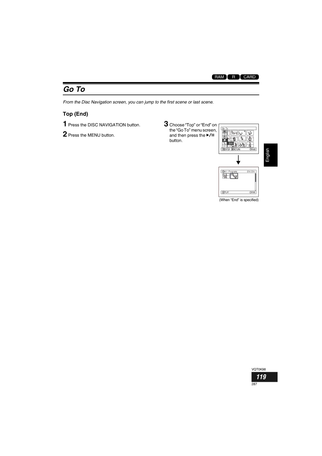 Panasonic VDR-M70GC user service Go To, 119, Top End 