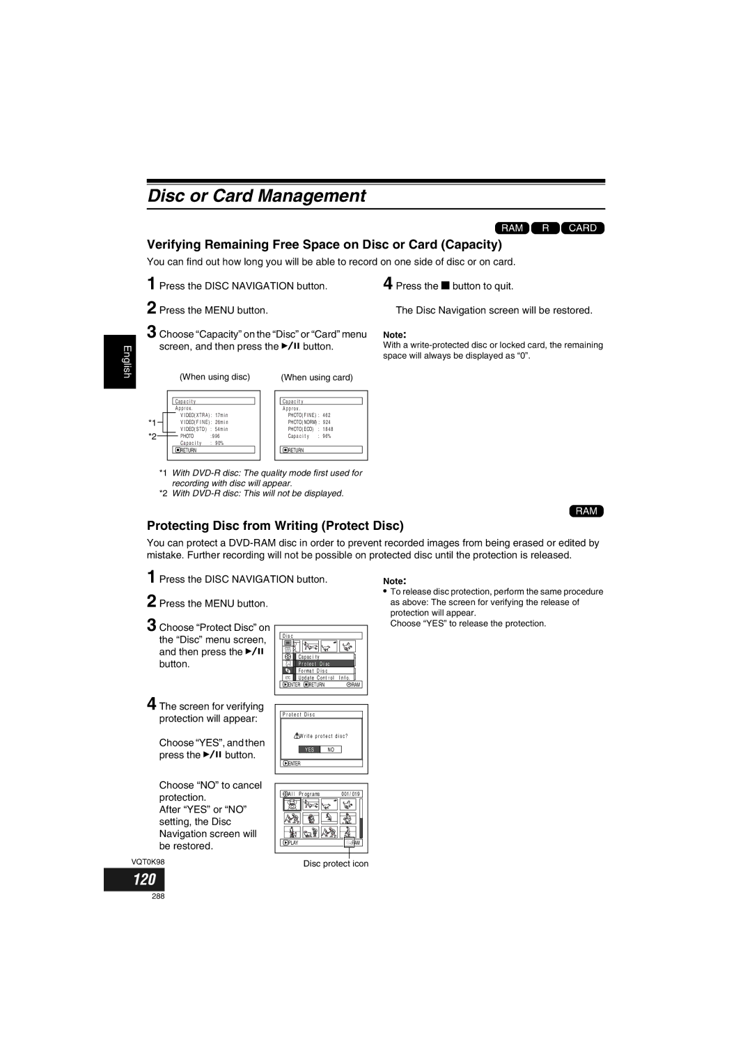 Panasonic VDR-M70GC Disc or Card Management, 120, Verifying Remaining Free Space on Disc or Card Capacity, Protection 