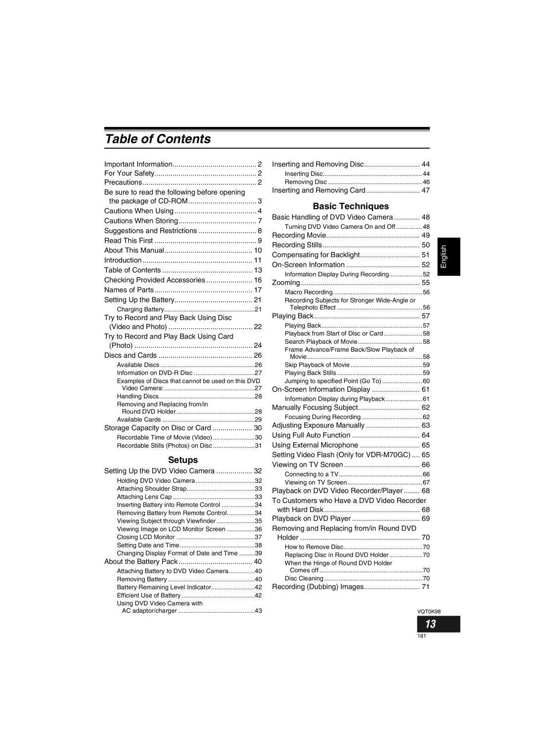 Panasonic VDR-M70GC user service Table of Contents 