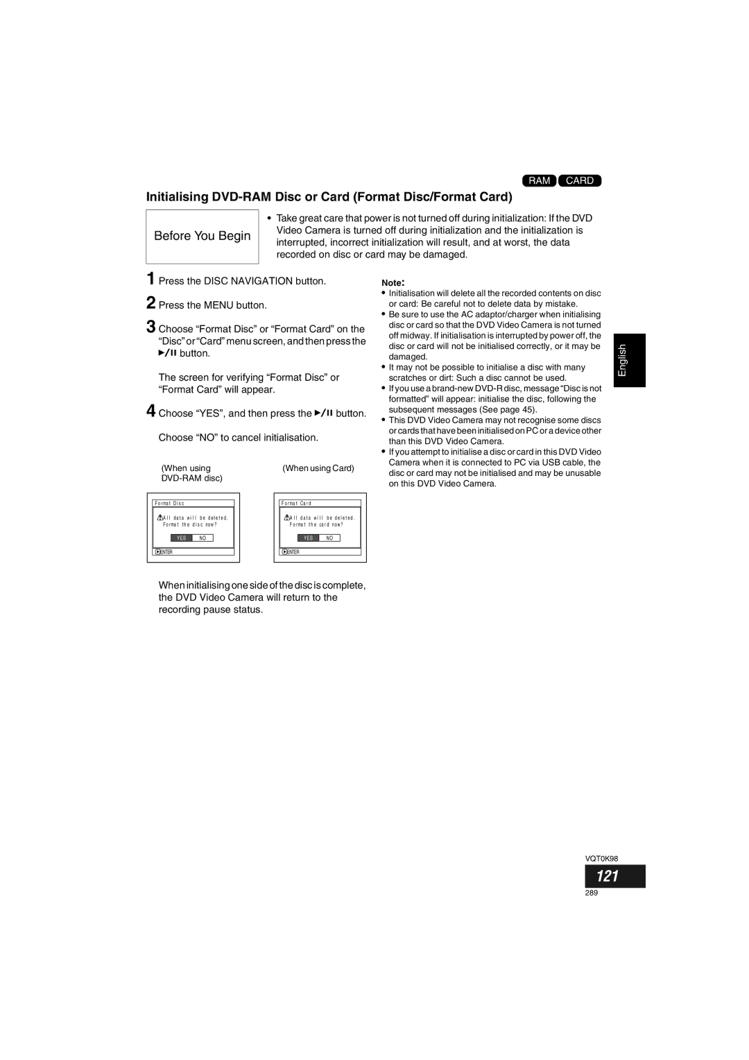 Panasonic VDR-M70GC user service 121, Initialising DVD-RAM Disc or Card Format Disc/Format Card 