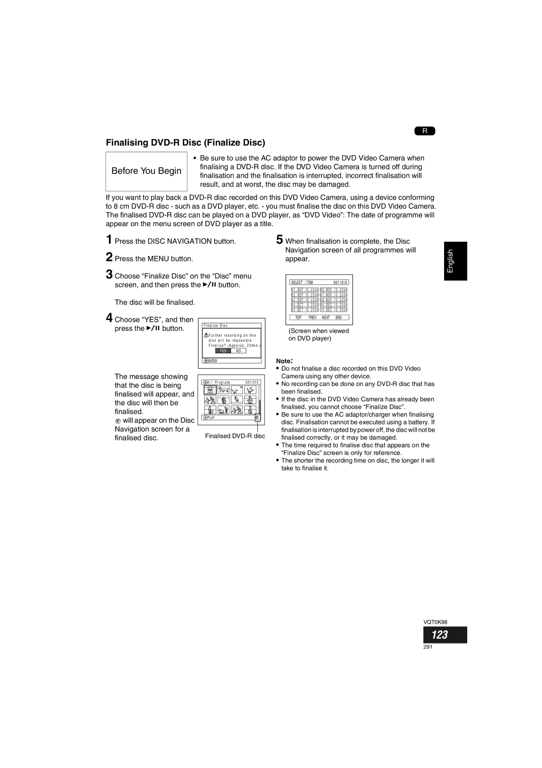 Panasonic VDR-M70GC user service 123, Finalising DVD-R Disc Finalize Disc, Result, and at worst, the disc may be damaged 