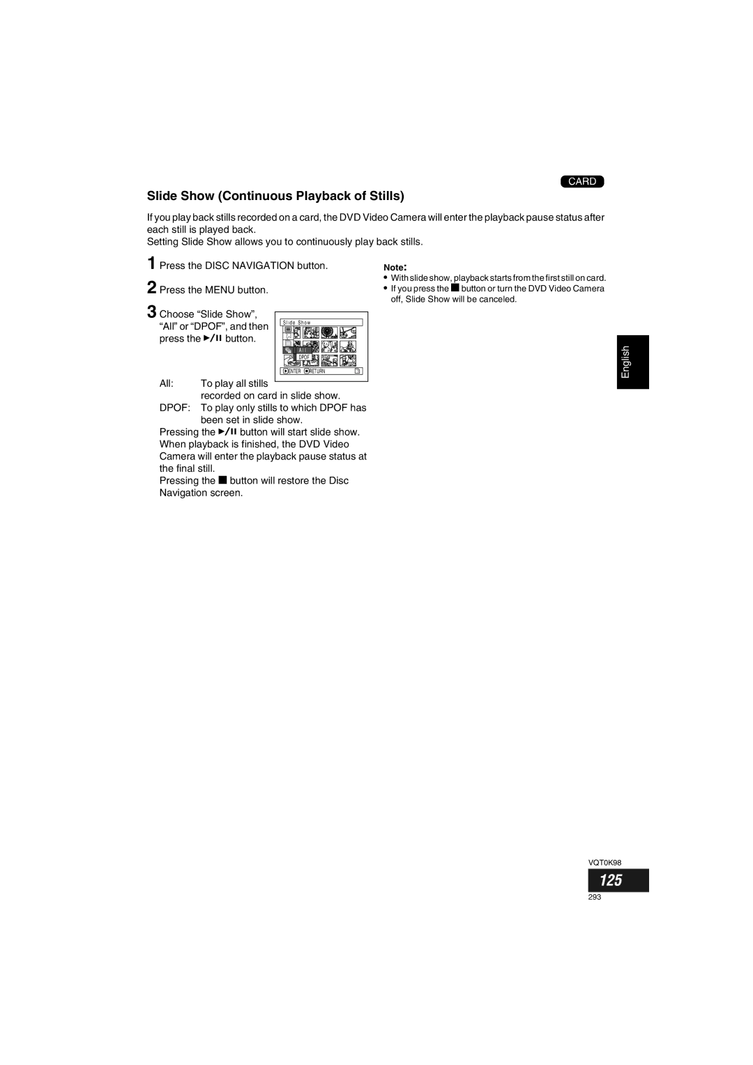 Panasonic VDR-M70GC user service 125, Slide Show Continuous Playback of Stills, Choose Slide Show, All or DPOF, and then 