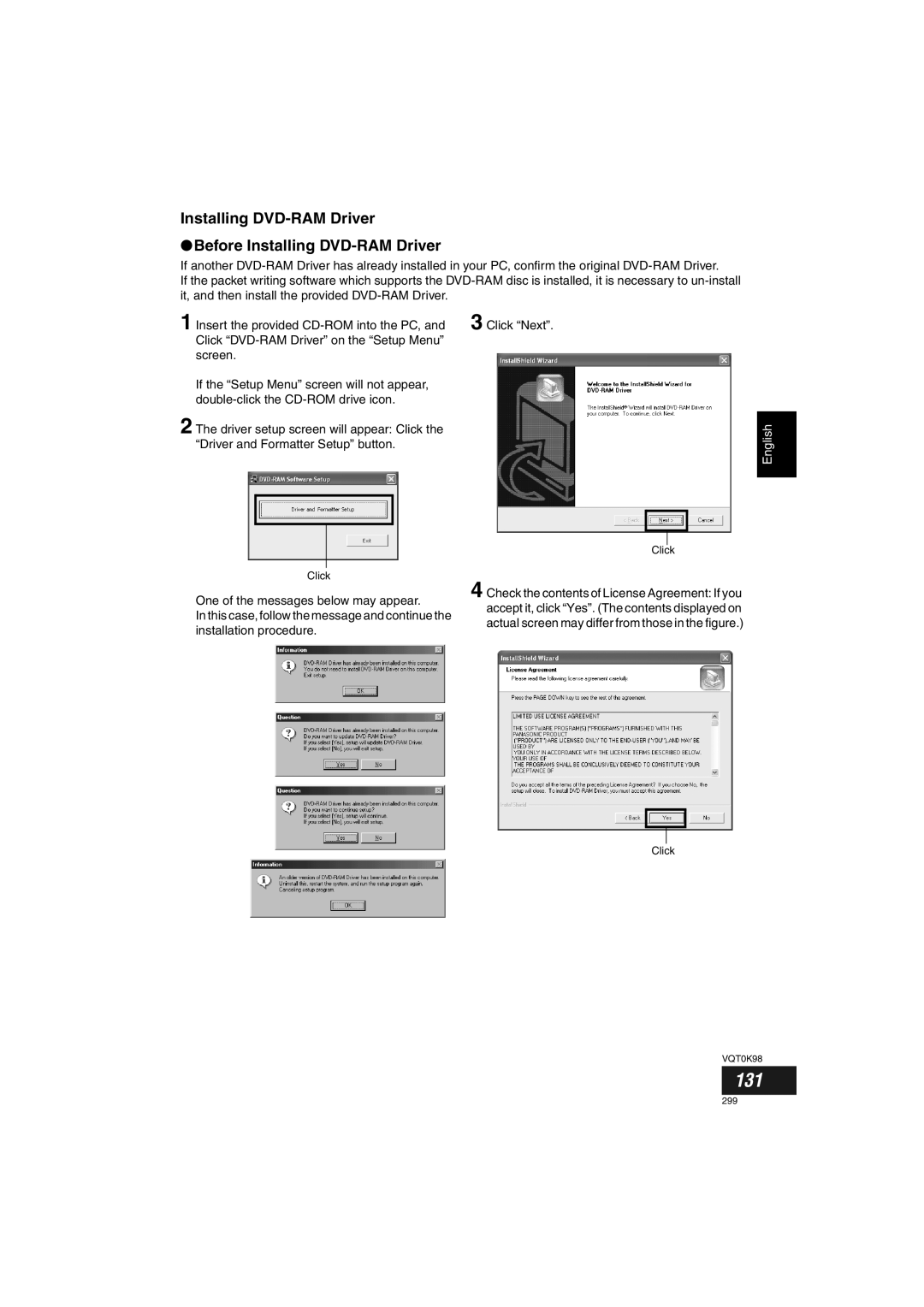 Panasonic VDR-M70GC user service 131, Installing DVD-RAM Driver Before Installing DVD-RAM Driver 