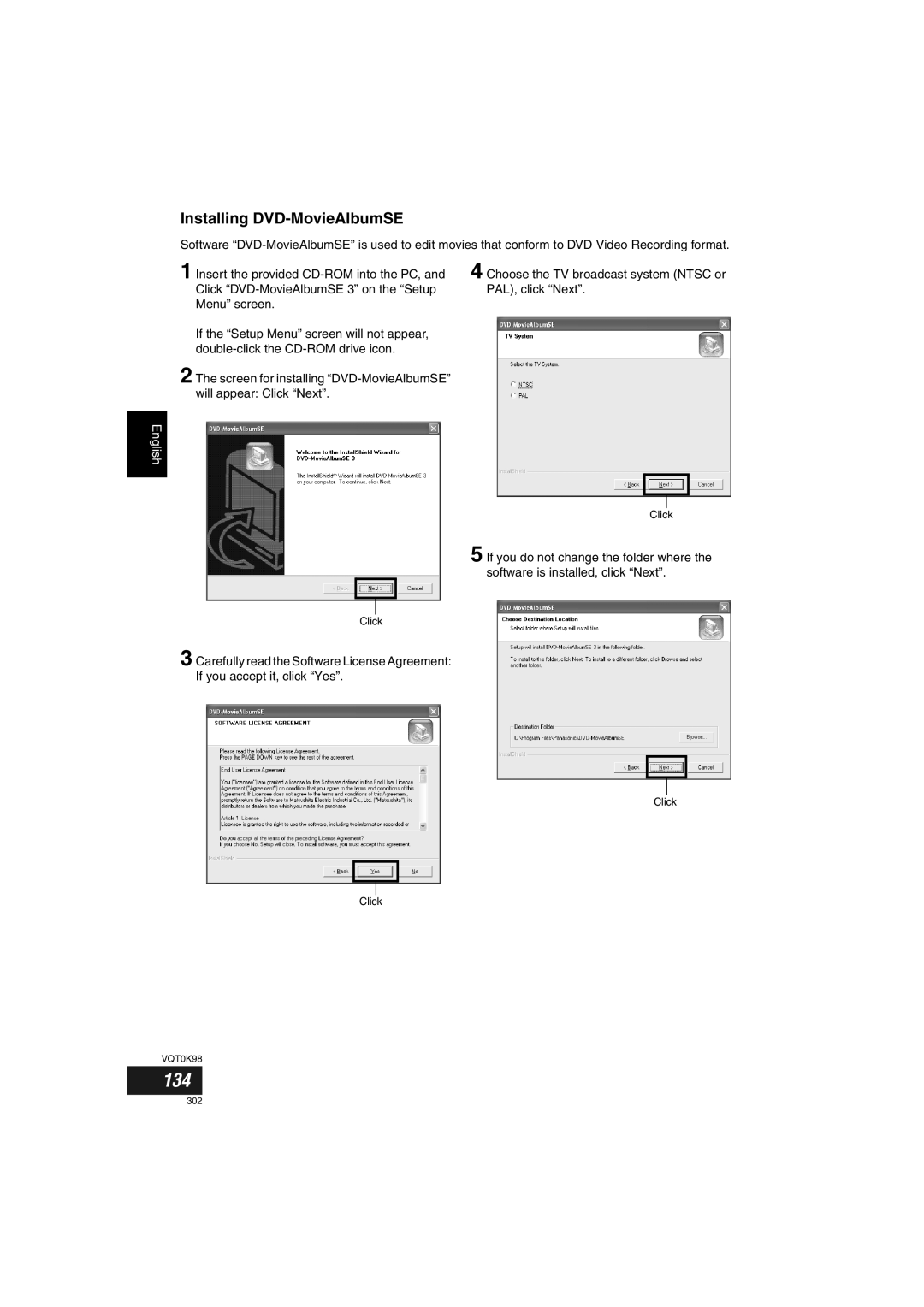 Panasonic VDR-M70GC user service 134, Installing DVD-MovieAlbumSE, Choose the TV broadcast system Ntsc or PAL, click Next 