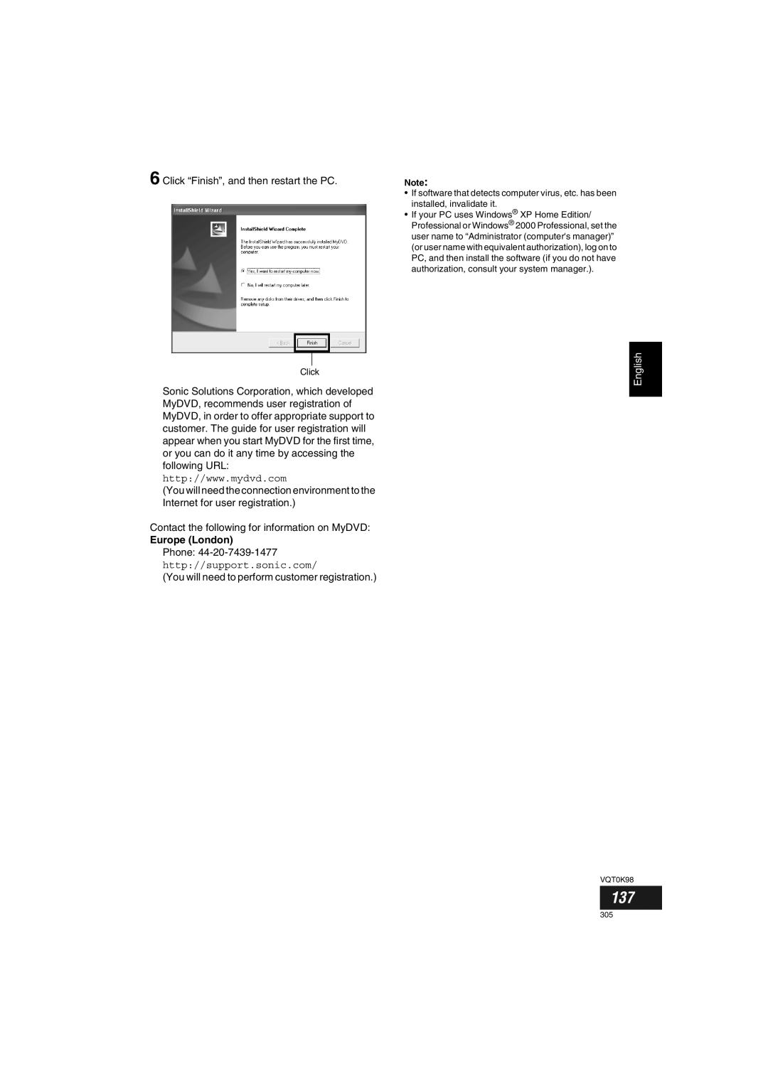 Panasonic VDR-M70GC user service 137, Click Finish, and then restart the PC, Europe London, Phone 