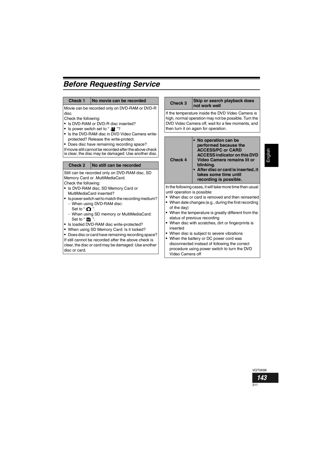 Panasonic VDR-M70GC user service Before Requesting Service, 143 