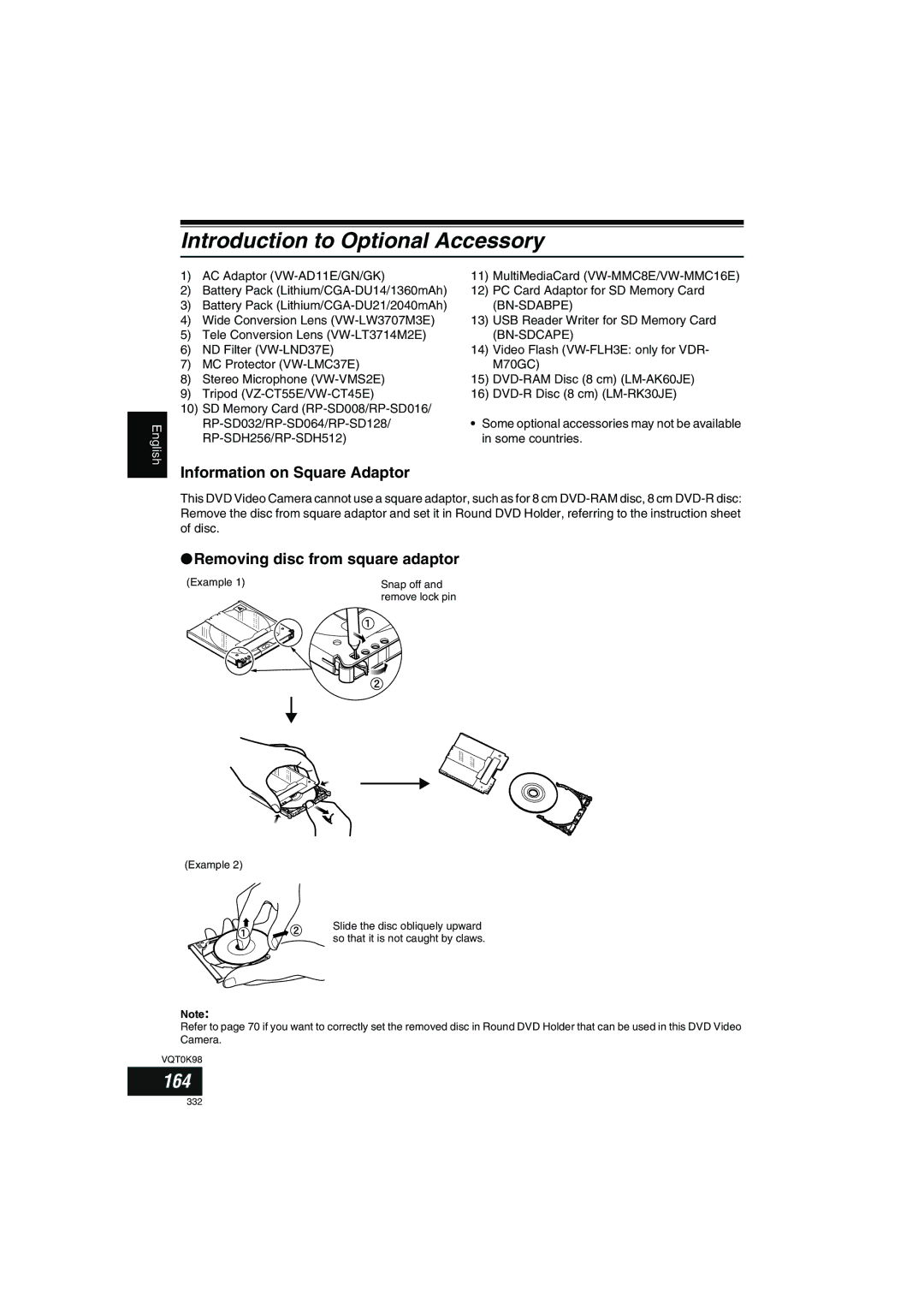 Panasonic VDR-M70GC user service Introduction to Optional Accessory, 164, Information on Square Adaptor 