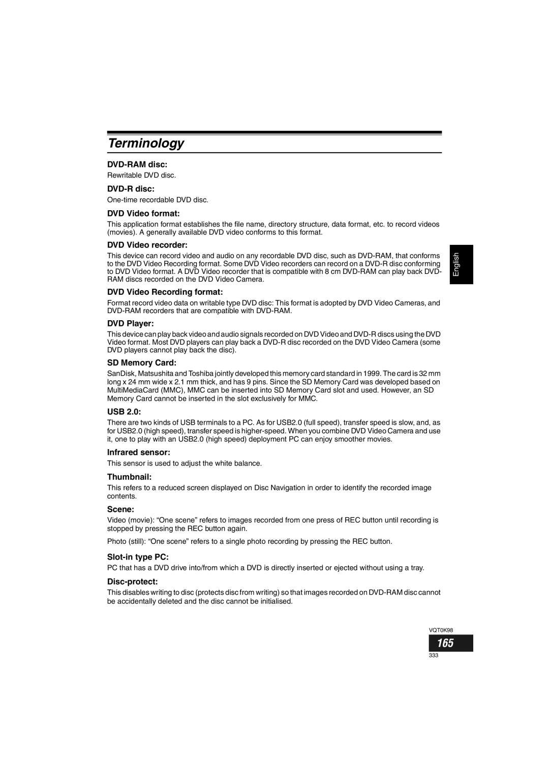 Panasonic VDR-M70GC user service Terminology, 165 