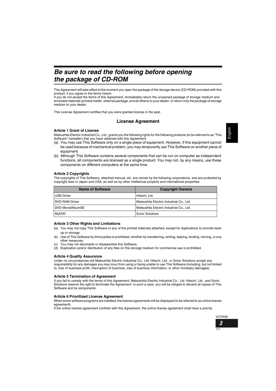 Panasonic VDR-M70GC License Agreement, Article 1 Grant of License, Article 2 Copyrights, Name of Software Copyright Owners 