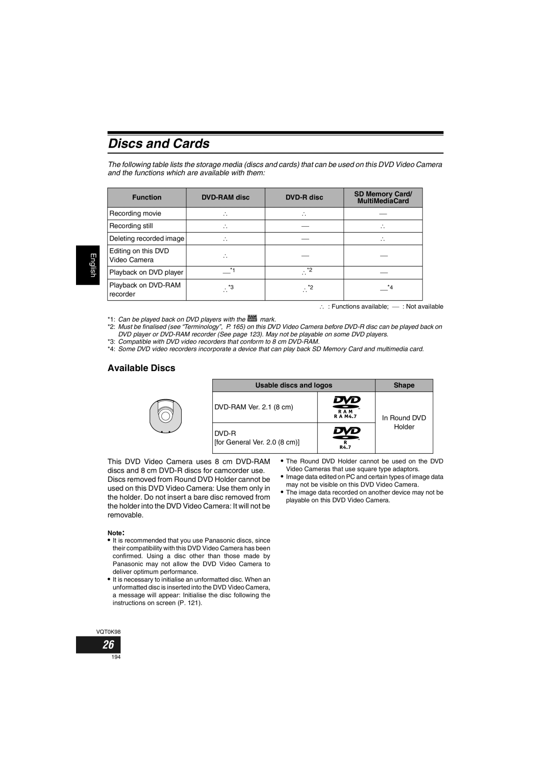 Panasonic VDR-M70GC user service Discs and Cards, Available Discs 