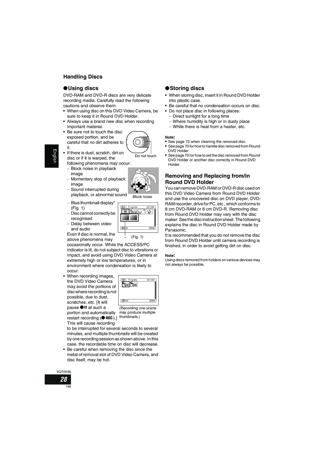 Panasonic VDR-M70GC user service Handling Discs Using discs, Storing discs, Removing and Replacing from/in Round DVD Holder 