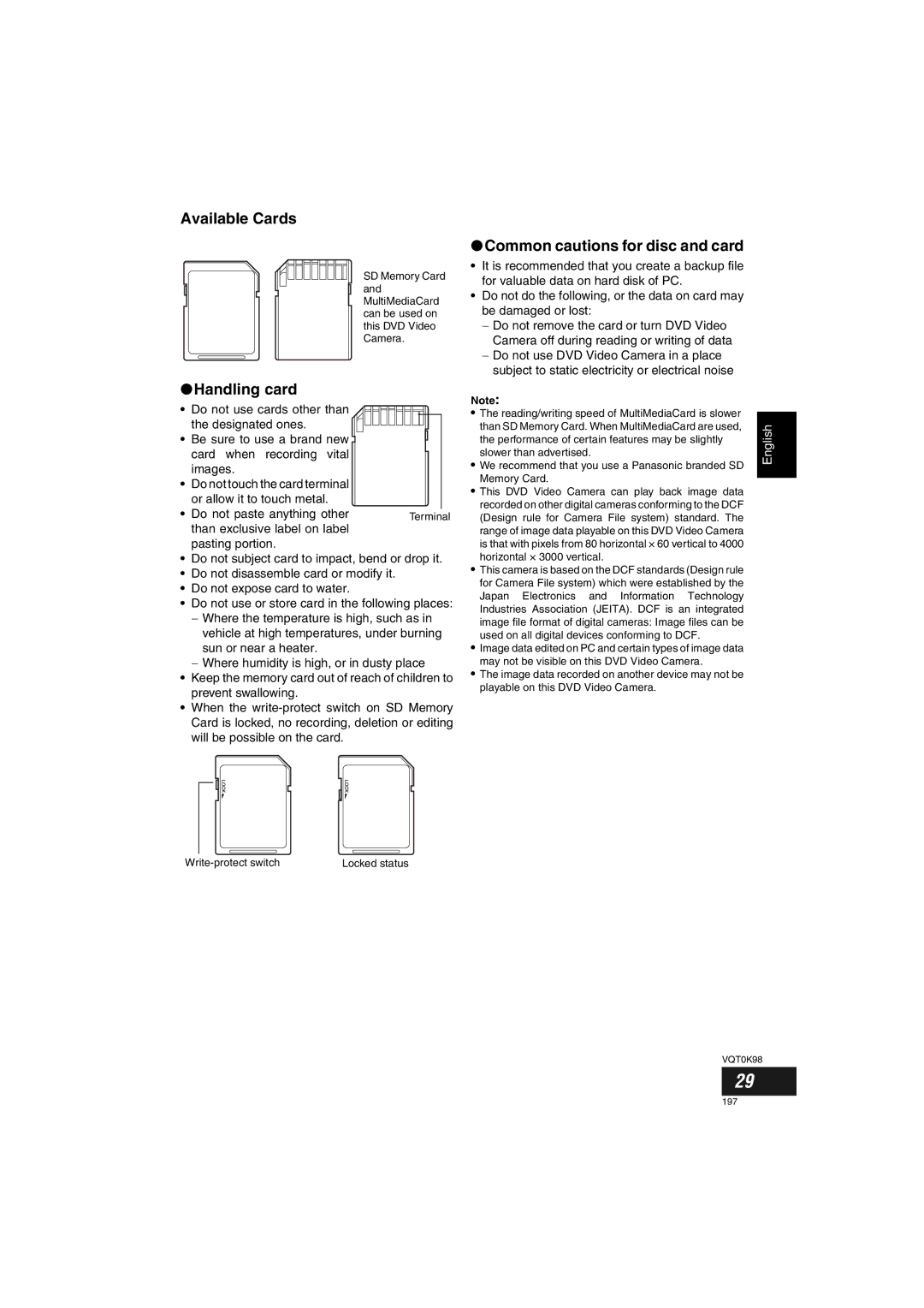 Panasonic VDR-M70GC user service Available Cards, Handling card, Common cautions for disc and card 