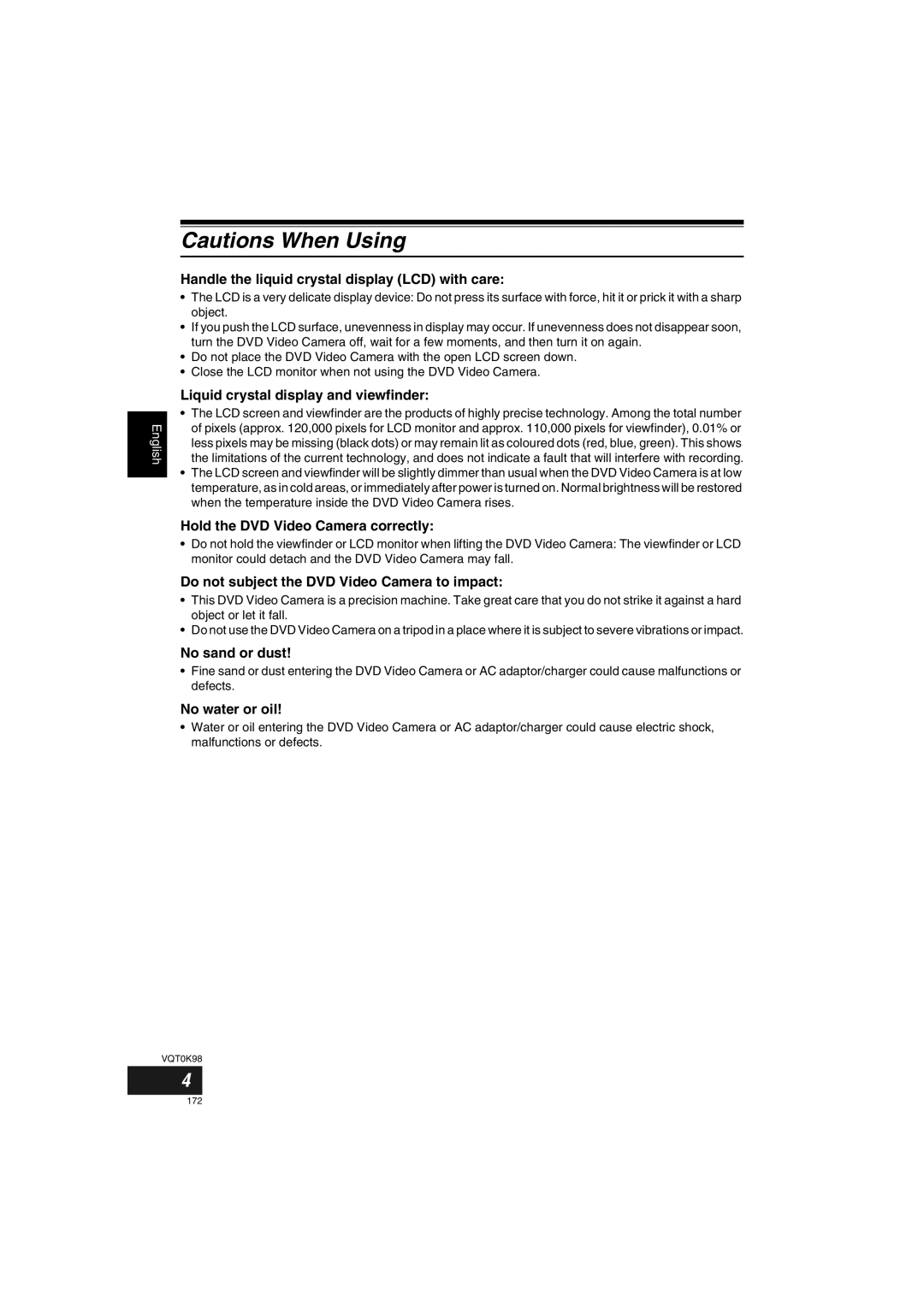 Panasonic VDR-M70GC user service Handle the liquid crystal display LCD with care, Liquid crystal display and viewfinder 