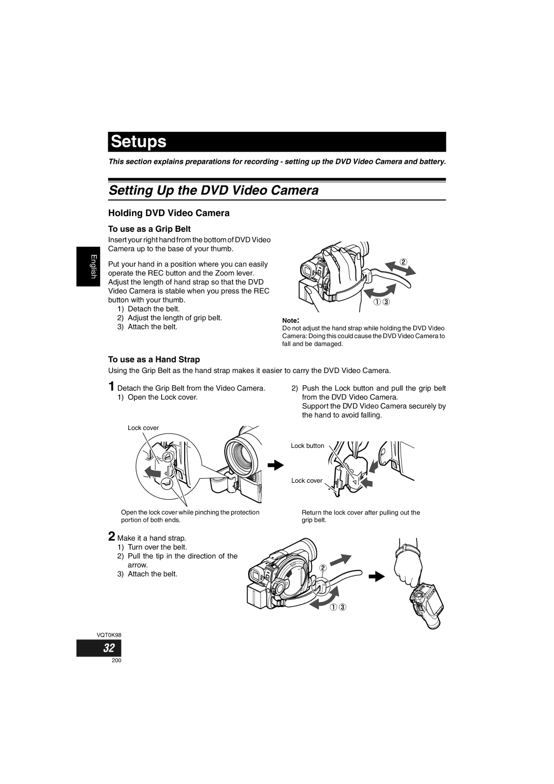 Panasonic VDR-M70GC user service Setting Up the DVD Video Camera, Holding DVD Video Camera, To use as a Grip Belt 