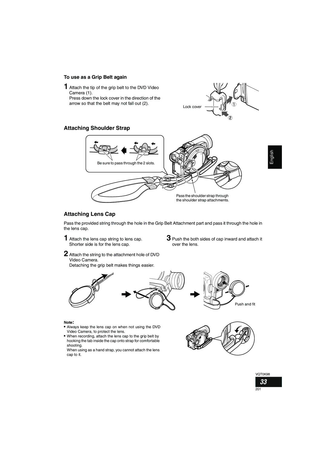 Panasonic VDR-M70GC user service Attaching Shoulder Strap, Attaching Lens Cap, To use as a Grip Belt again 