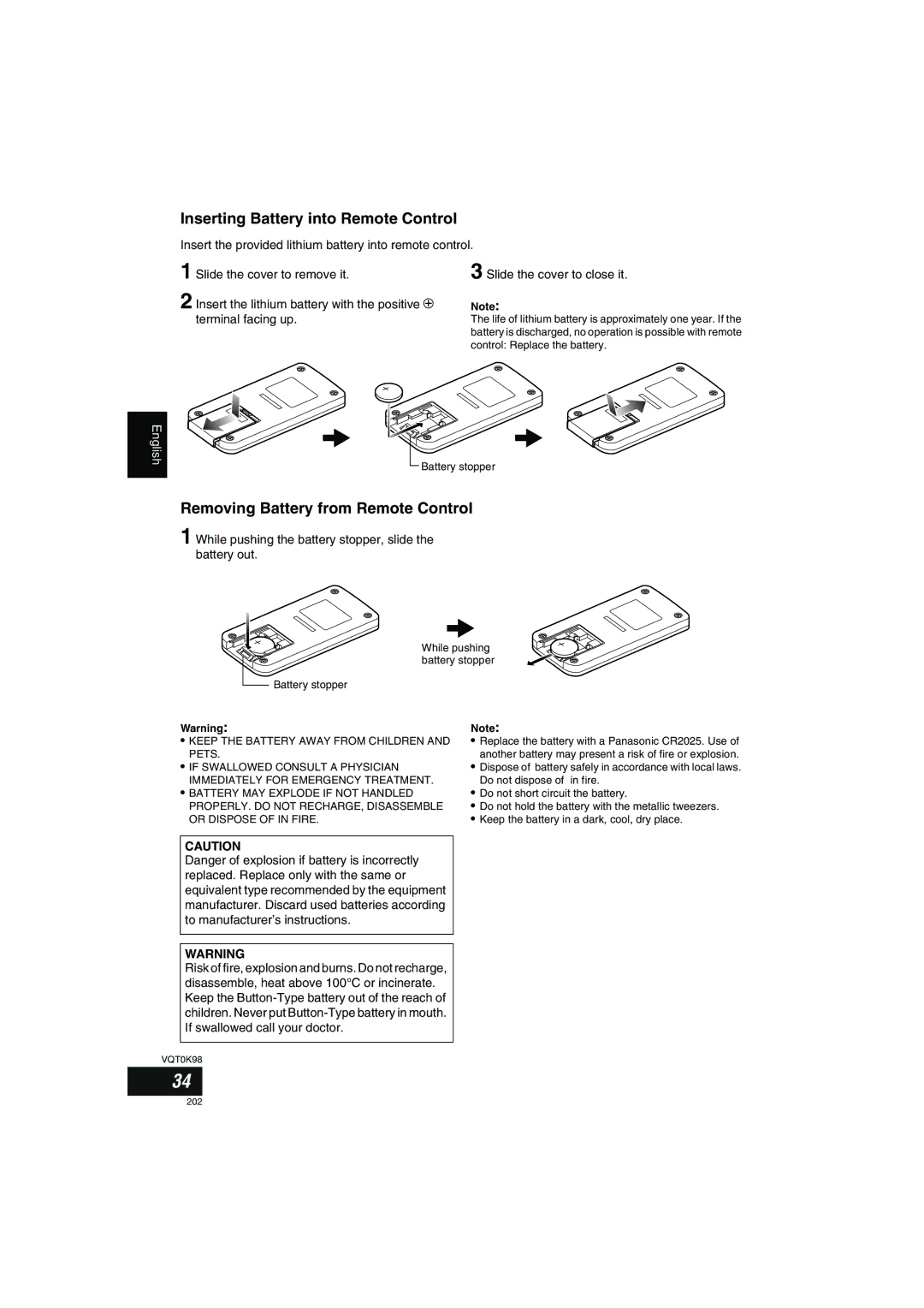 Panasonic VDR-M70GC user service Inserting Battery into Remote Control, Removing Battery from Remote Control 