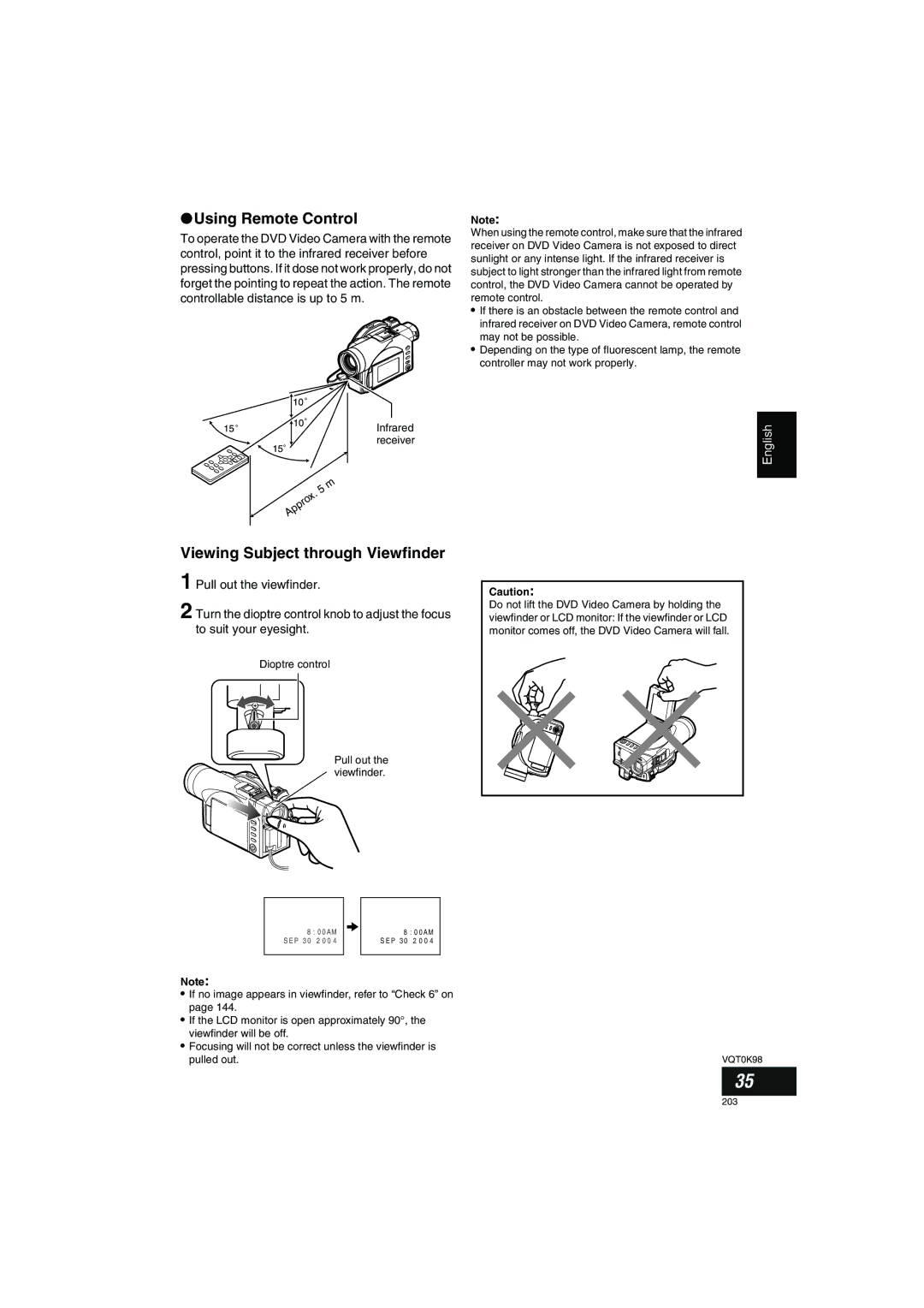 Panasonic VDR-M70GC user service Using Remote Control, Viewing Subject through Viewfinder 