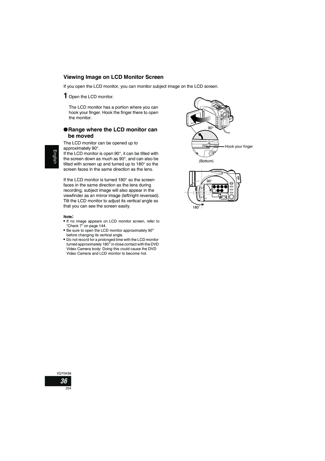 Panasonic VDR-M70GC user service Viewing Image on LCD Monitor Screen, Range where the LCD monitor can Be moved 