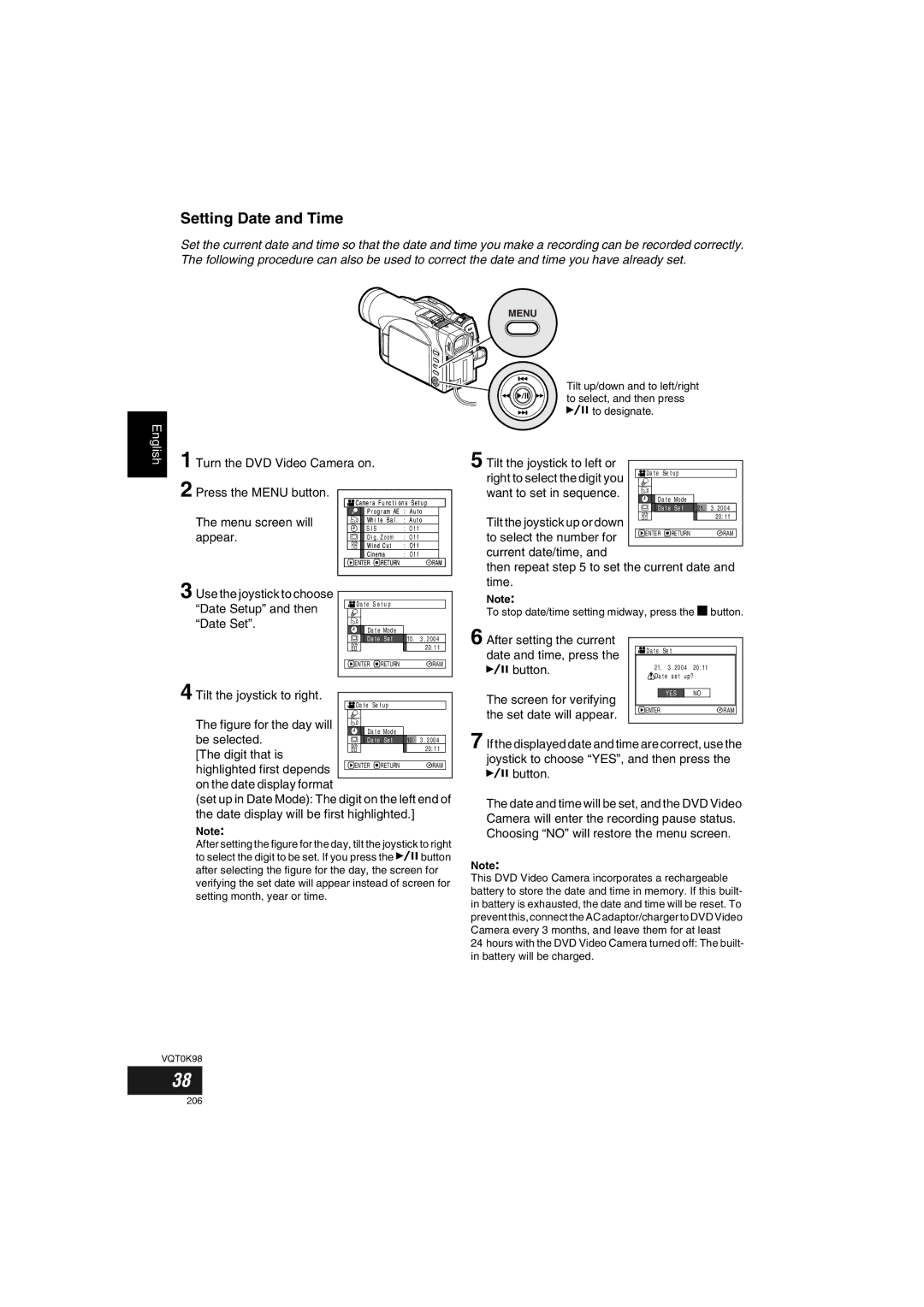 Panasonic VDR-M70GC Press the Menu button, Menu screen will, Appear, Use the joystick to choose, Date Setup and then 