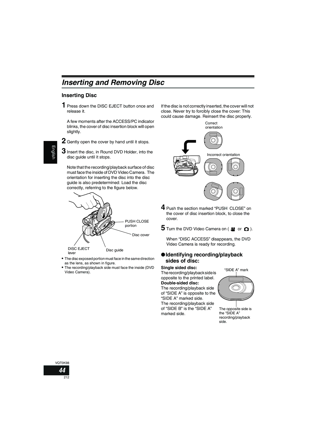 Panasonic VDR-M70GC user service Inserting and Removing Disc, Inserting Disc, Identifying recording/playback sides of disc 