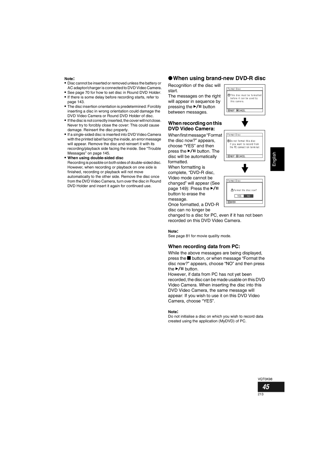 Panasonic VDR-M70GC When using brand-new DVD-R disc, When recording on this DVD Video Camera, When recording data from PC 