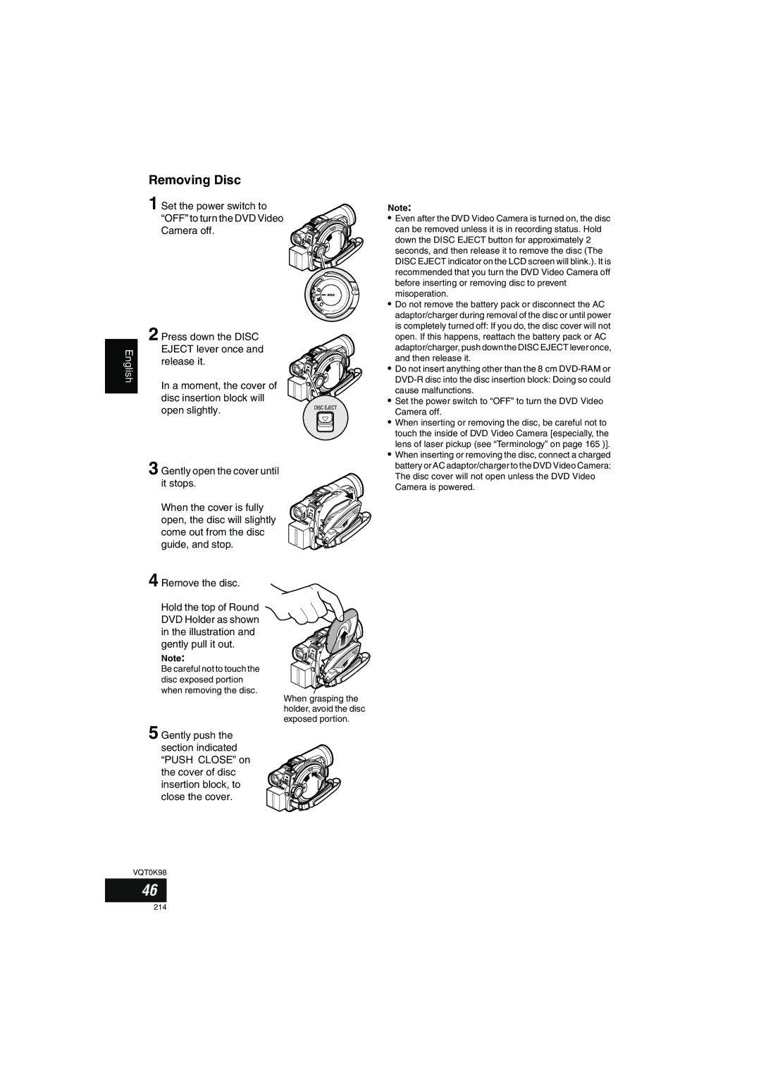 Panasonic VDR-M70GC user service Removing Disc 