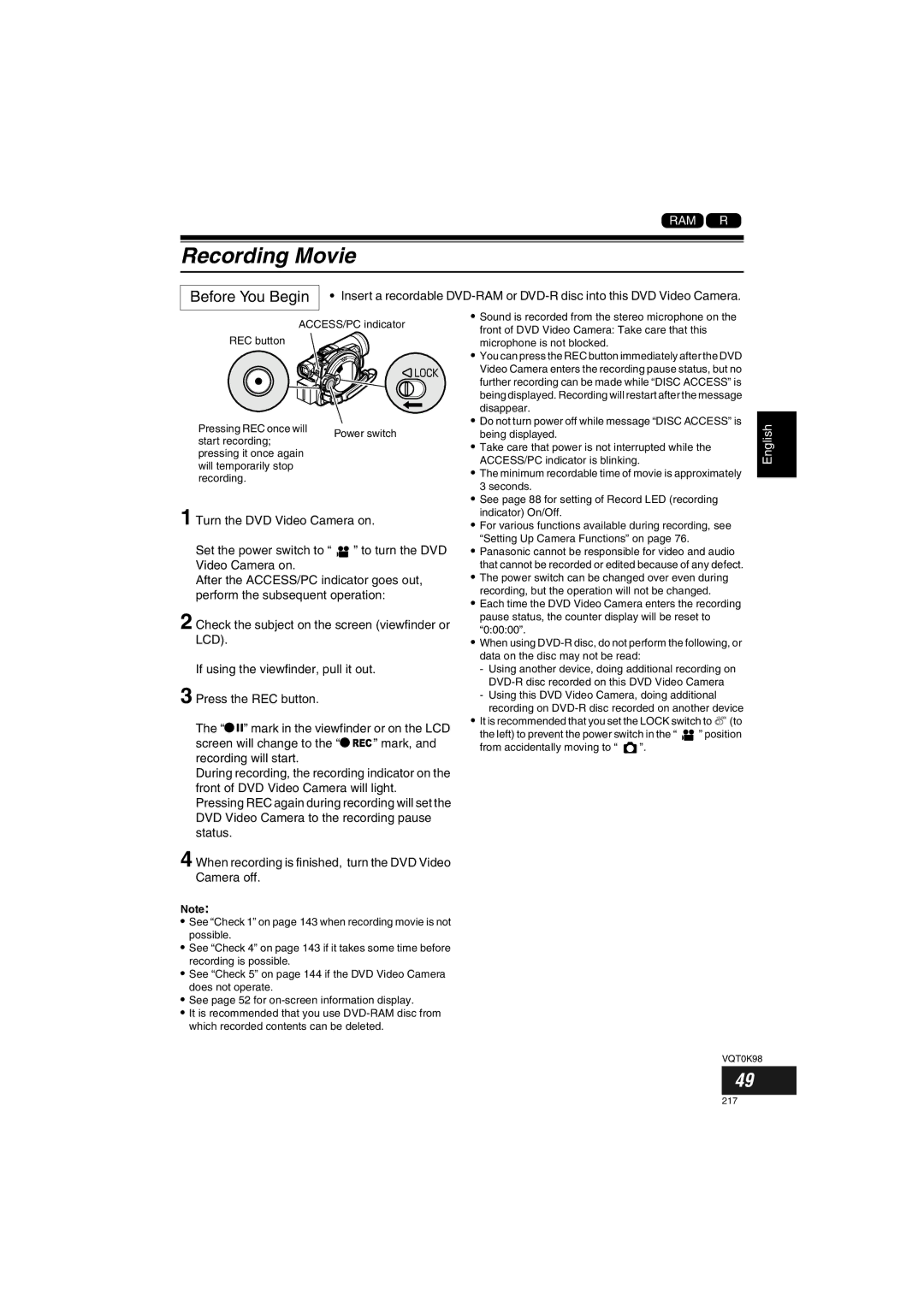 Panasonic VDR-M70GC user service Recording Movie 