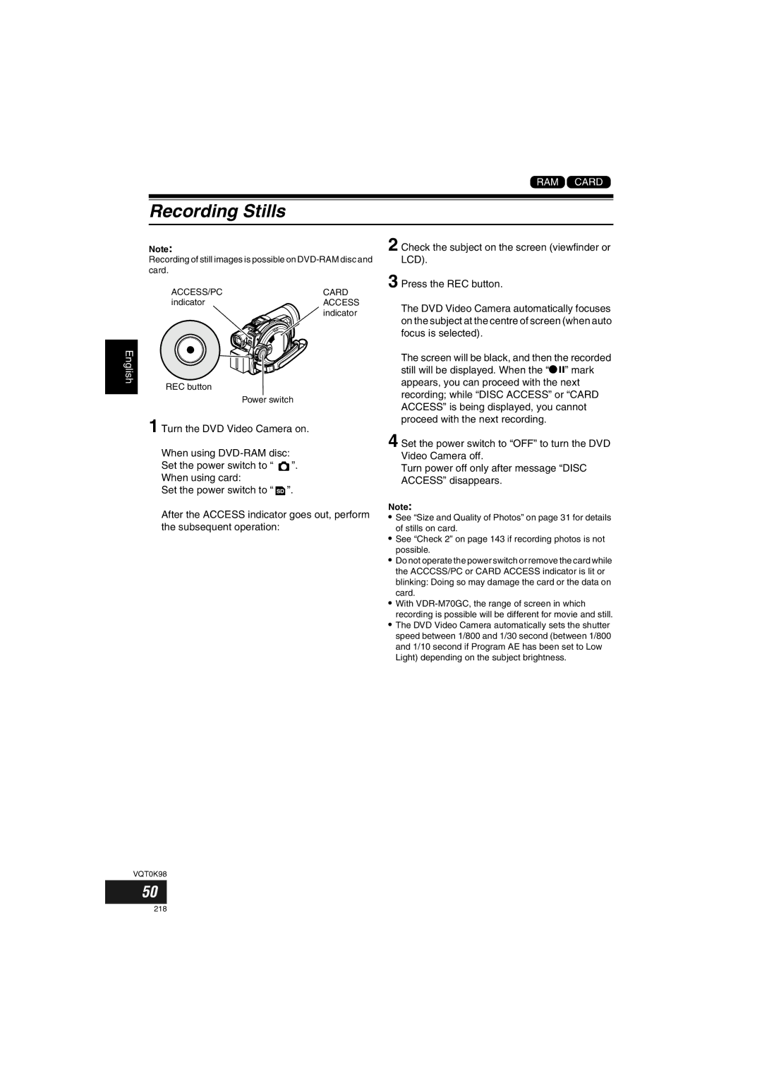 Panasonic VDR-M70GC user service Recording Stills 