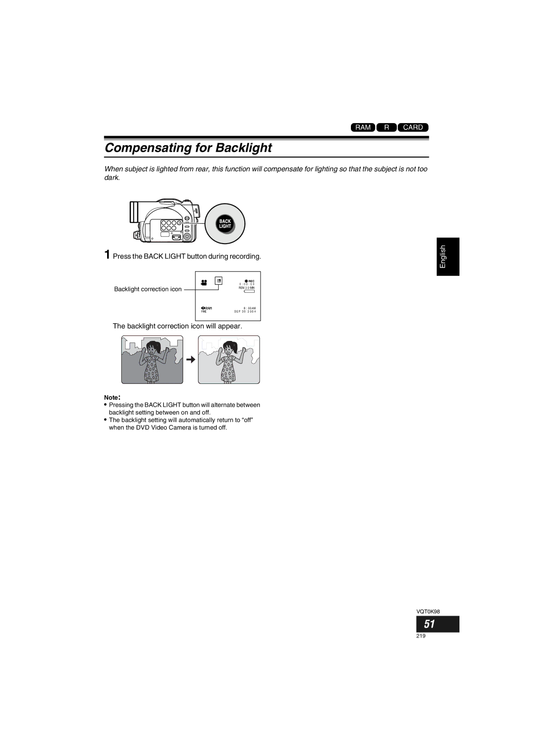 Panasonic VDR-M70GC user service Compensating for Backlight, Press the Back Light button during recording 