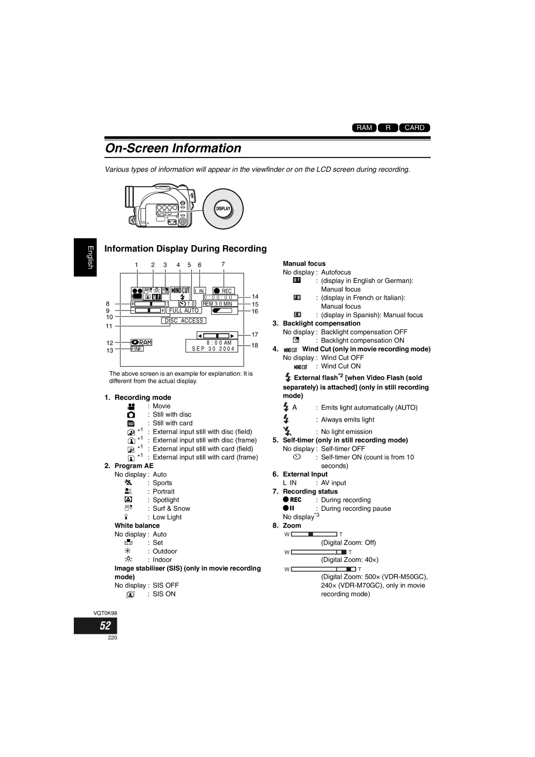 Panasonic VDR-M70GC user service On-Screen Information, Information Display During Recording, Recording mode 